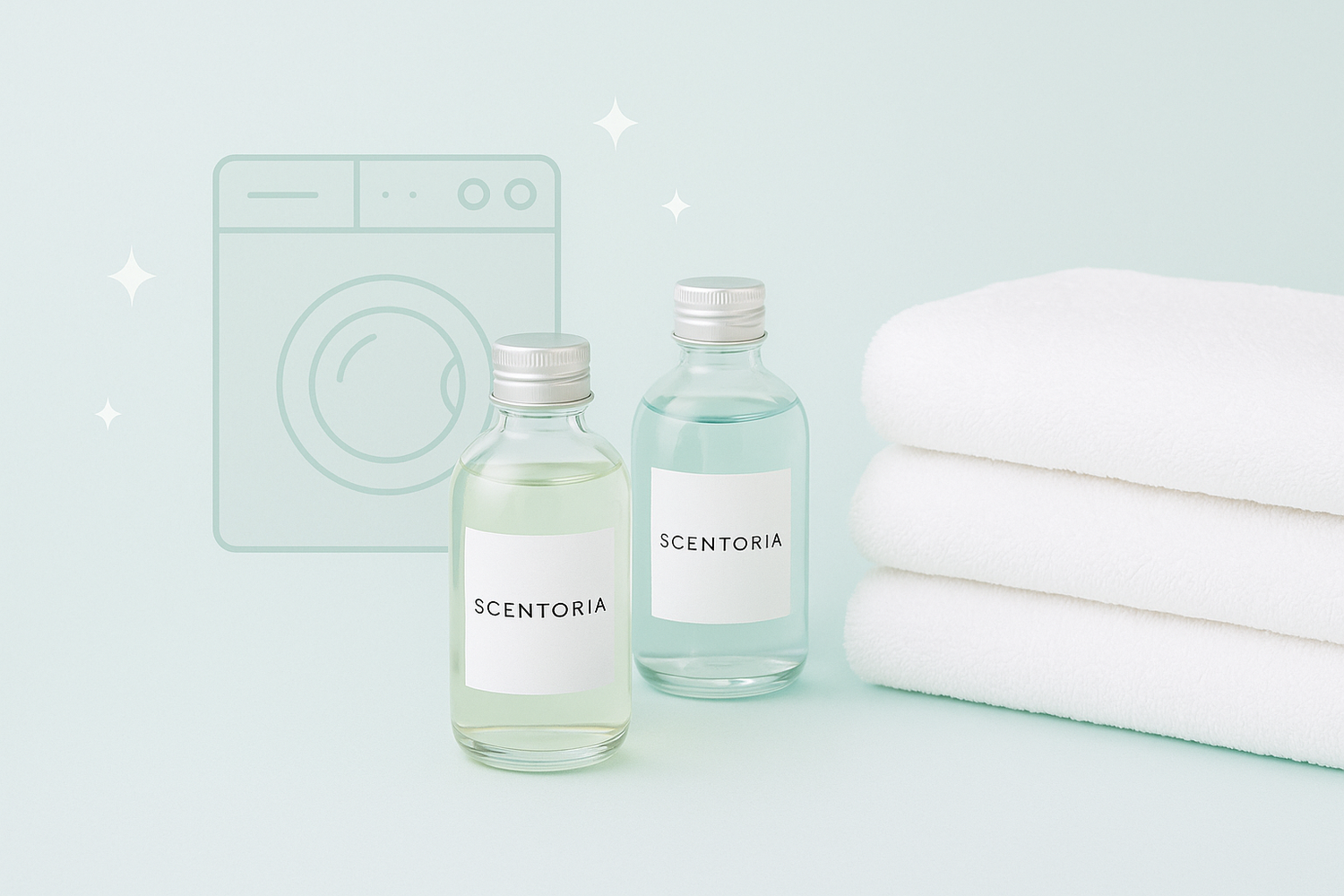 Parfum de rufe Scentoria – sticle parfum de rufe lângă prosoape albe